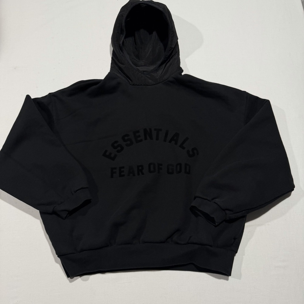 Fear of God Essentials Nylon Fleece Hoodie Jet Black Mens Small S Boxy FOG